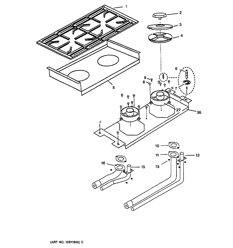 BURNER ASSEMBLY Diagram and Parts List for ZGU36N6DSS  General Electric Cooktop