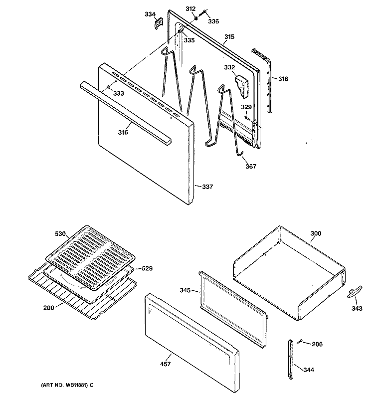 DOOR & DRAWER PARTS Diagram and Parts List for JBS03C1CT  General Electric Range