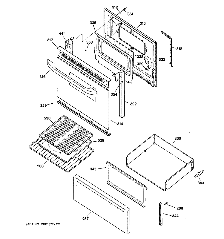 DOOR & DRAWER PARTS Diagram and Parts List for JBS27AC2AA  General Electric Range