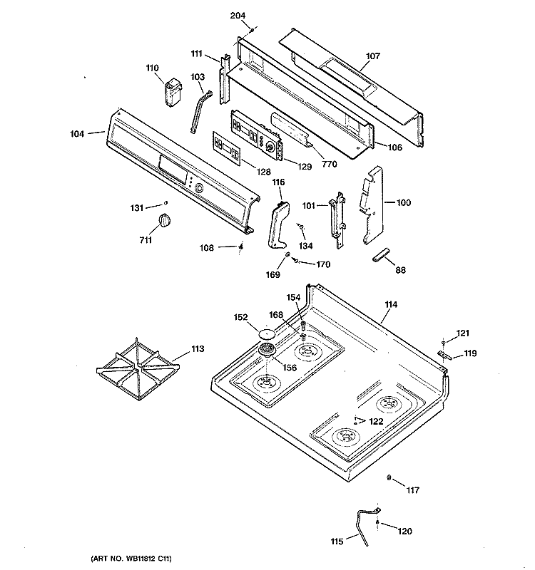 CONTROL PANEL & COOKTOP Diagram and Parts List for JGBP29BED1CT  General Electric Range