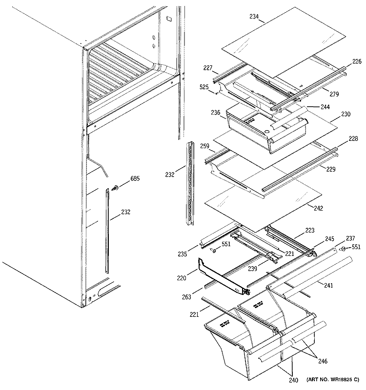 FRESH FOOD SHELVES Diagram and Parts List for HTS18GBMARWW  Hotpoint Refrigerator