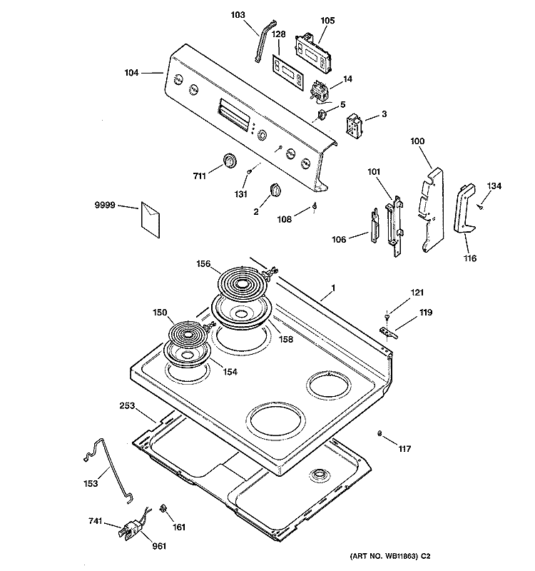CONTROL PANEL & COOKTOP Diagram and Parts List for RB526C2AA  Hotpoint Range