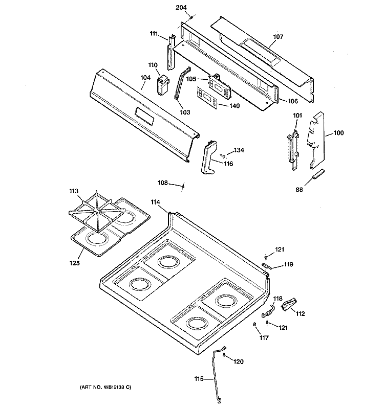 CONTROL PANEL & COOKTOP Diagram and Parts List for JGBS17PEA3WH  General Electric Range
