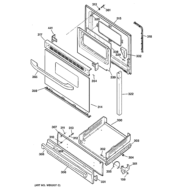 DOOR & DRAWER PARTS Diagram and Parts List for JGBS22BEA3WH  General Electric Range