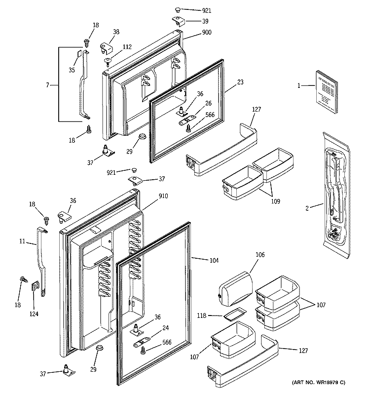 DOORS Diagram and Parts List for GTS19ZCMARWW  General Electric Refrigerator