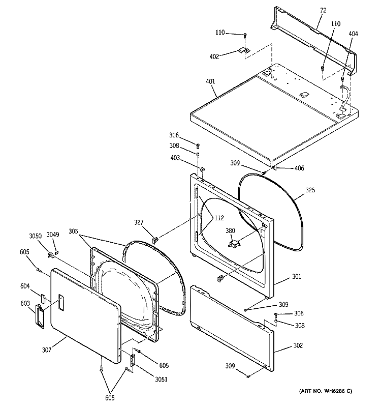 DOOR, FRONT, ACCESS & TOP PANELS Diagram and Parts List for DDSS475GA0WW  General Electric Dryer