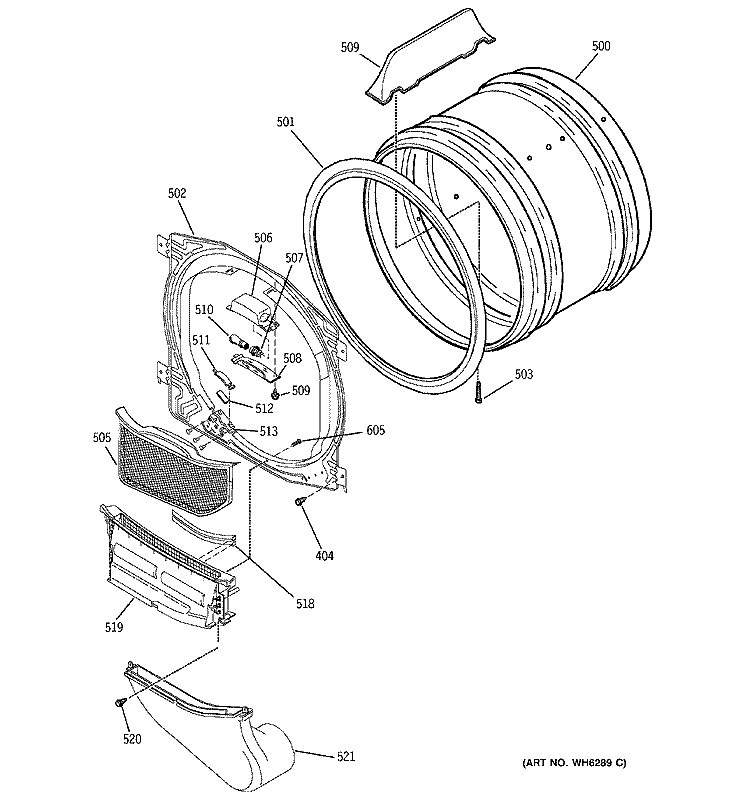 FRONT BULKHEAD, AIR DUCT & DRUM Diagram and Parts List for DDSS475GA0WW  General Electric Dryer
