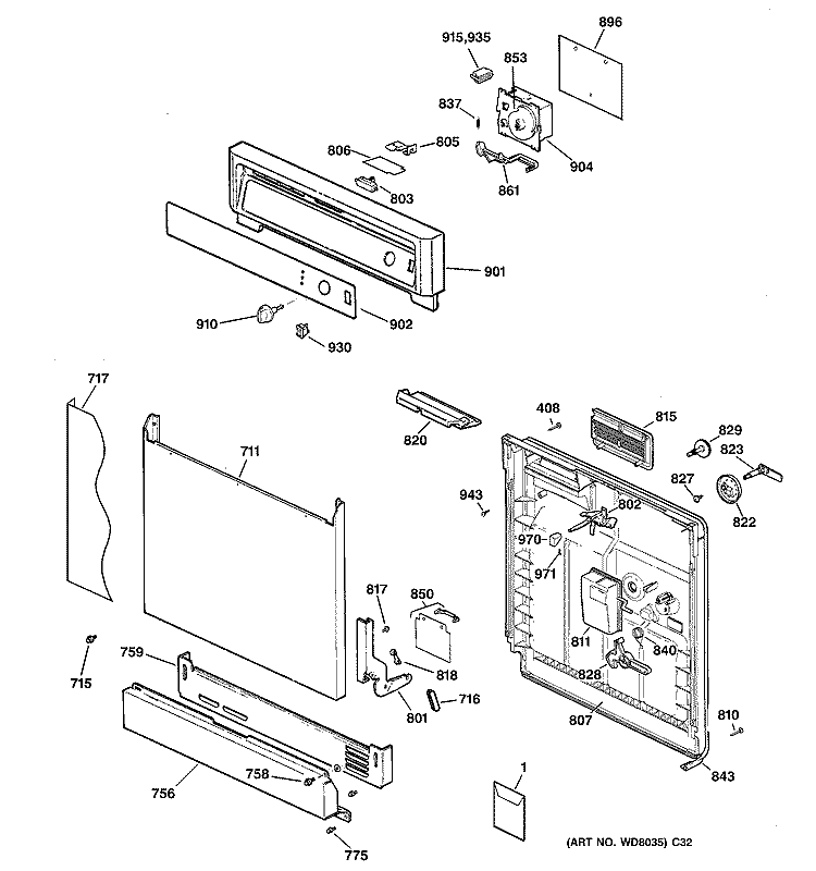 ESCUTCHEON & DOOR ASSEMBLY Diagram and Parts List for GSD2050F01CC  General Electric Dishwasher