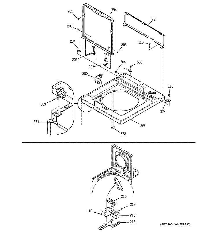 CABINET TOP, DOOR & DOOR SWITCH Diagram and Parts List for WDSS4120A0WW  General Electric Washer