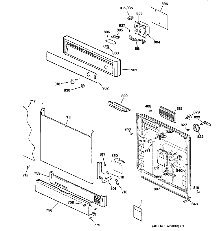 ESCUTCHEON & DOOR ASSEMBLY Diagram and Parts List for HDA2100F03WW  Hotpoint Dishwasher