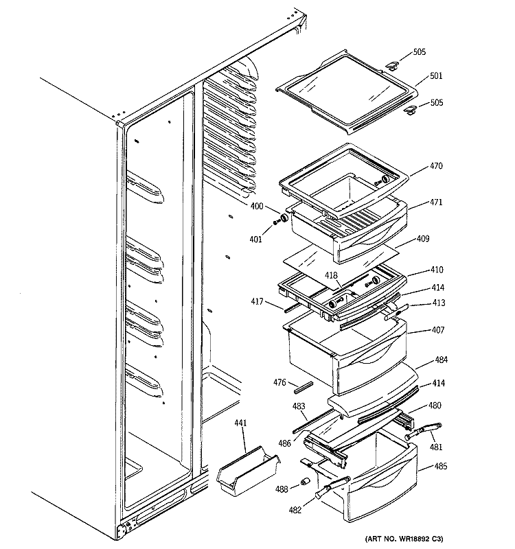 FRESH FOOD SHELVES Diagram and Parts List for GSS25TGMBCC  General Electric Refrigerator