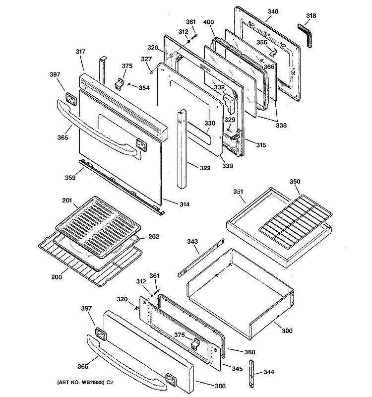 DOOR & DRAWER PARTS Diagram and Parts List for JGB910CEC3CC  General Electric Range