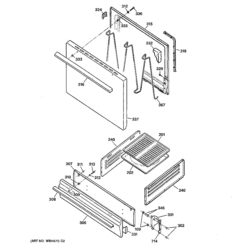 DOOR & DRAWER PARTS Diagram and Parts List for RGB508PEA3AD  Hotpoint Range