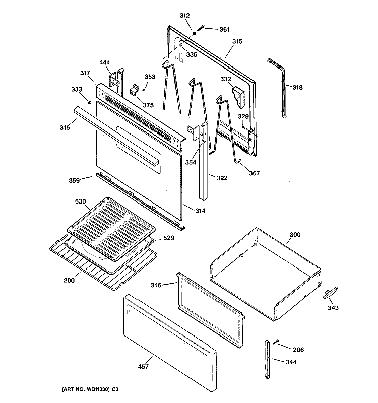 DOOR & DRAWER PARTS Diagram and Parts List for RB525BC1CT  Hotpoint Range