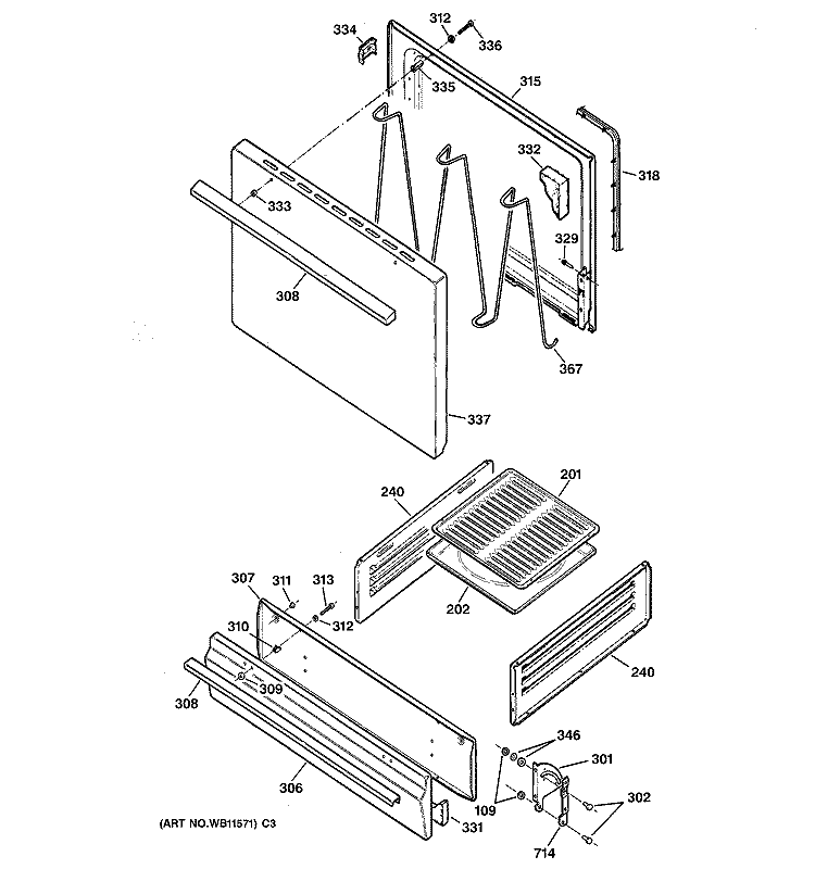 DOOR & DRAWER PARTS Diagram and Parts List for JGBS02PPA4WH  General Electric Range
