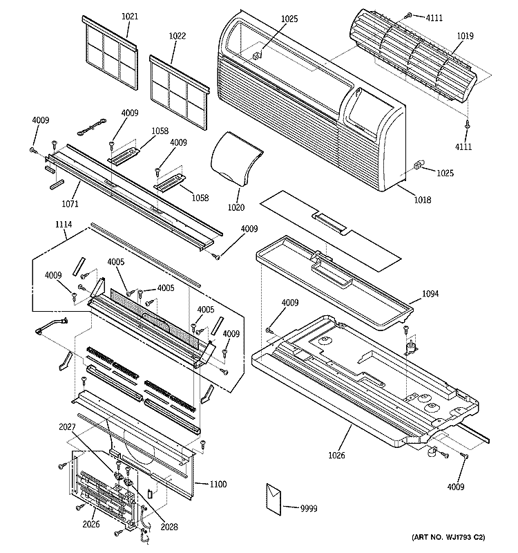 GRILLE, HEATER & BASE PARTS Diagram and Parts List for AZ25E12E4PM1  General Electric Air Conditioner
