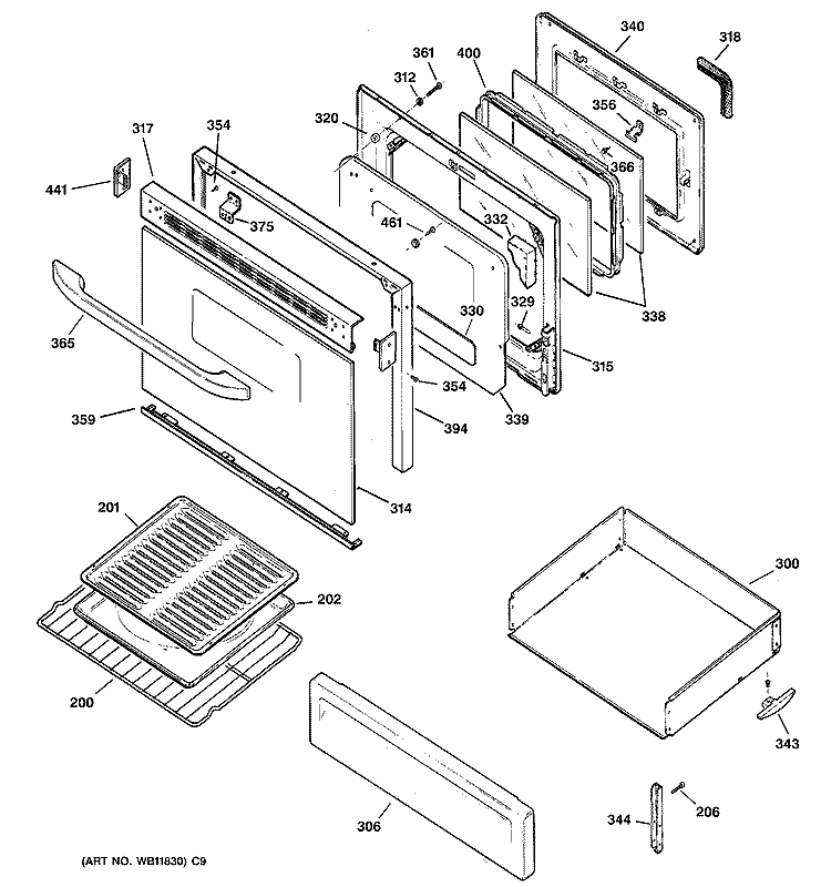 DOOR & DRAWER PARTS Diagram and Parts List for RGB845WEC2WW  Hotpoint Range