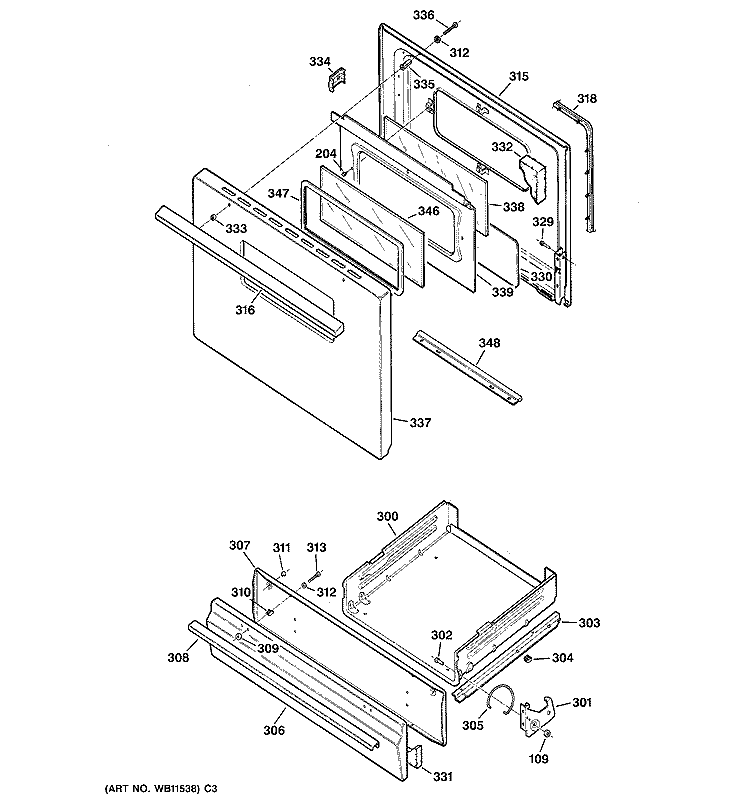 DOOR & DRAWER PARTS Diagram and Parts List for RGB526PEA3CT  Hotpoint Range