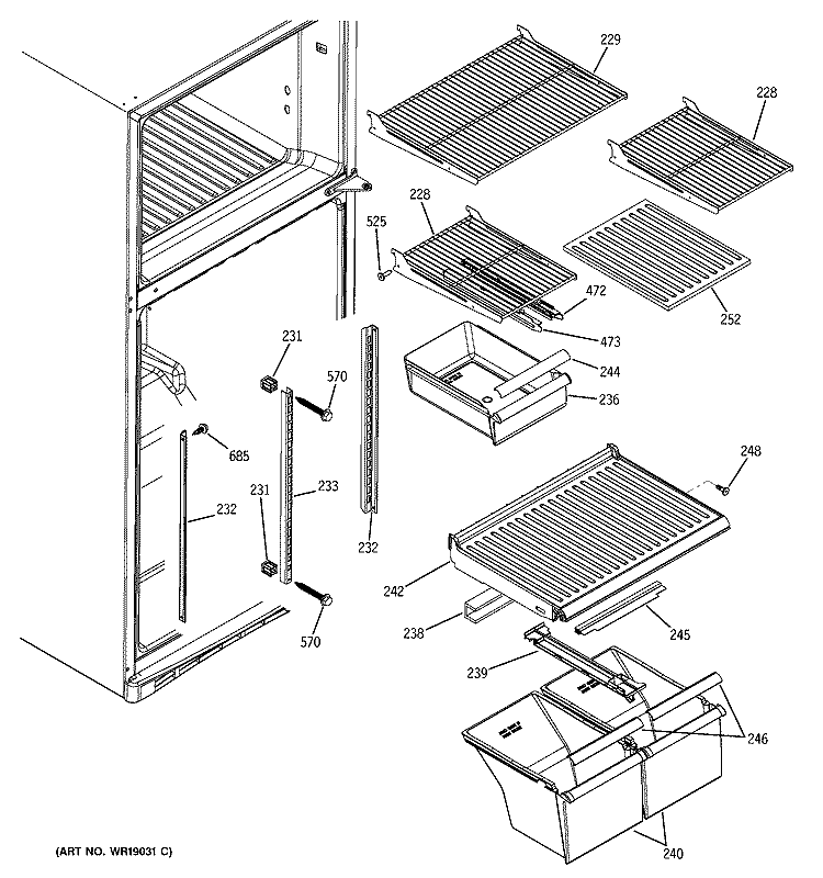 FRESH FOOD SHELVES Diagram and Parts List for GTS18DBMBLAA  General Electric Refrigerator