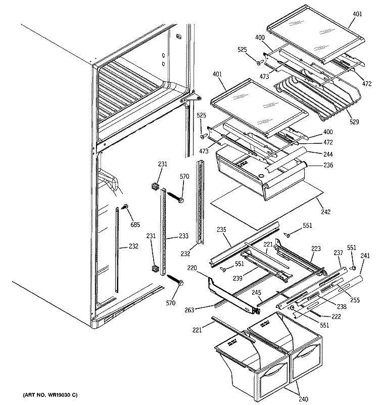 FRESH FOOD SHELVES Diagram and Parts List for GTS18UBMBRBB  General Electric Refrigerator