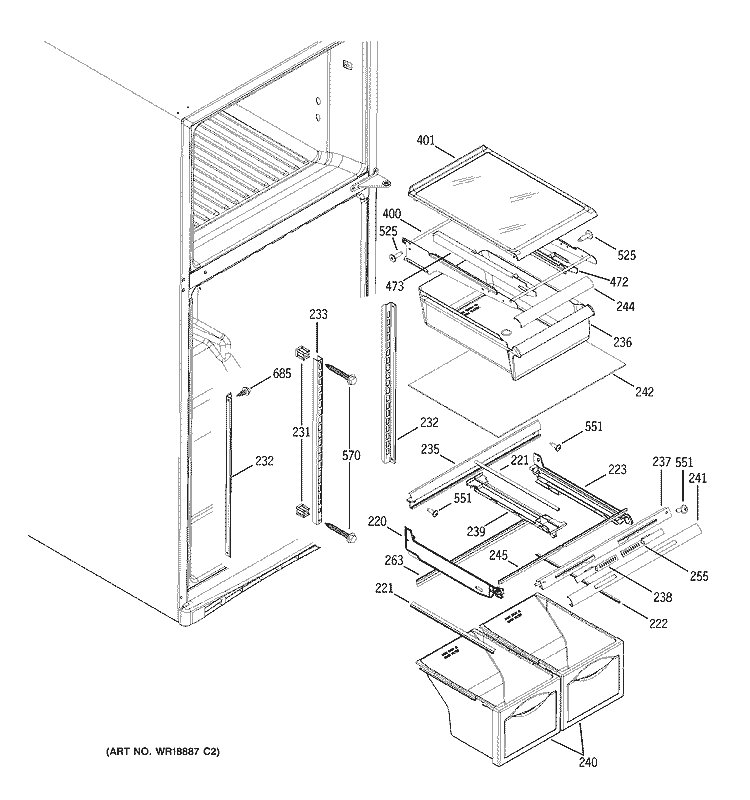 FRESH FOOD SHELVES Diagram and Parts List for GTS19QBMBRBB  General Electric Refrigerator