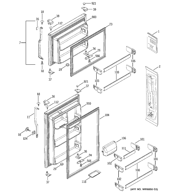 DOORS Diagram and Parts List for GTH18DBMALWW  General Electric Refrigerator