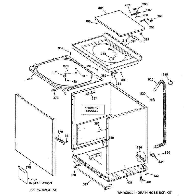 CABINET, COVER & FRONT PANEL Diagram and Parts List for WBXE2070A2WW  General Electric Washer