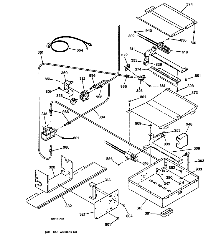 OVEN BURNER Diagram and Parts List for JGSP23BEY2BB  General Electric Range