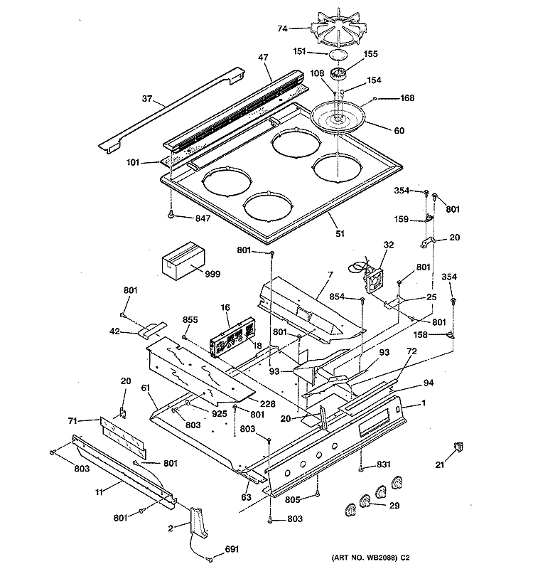 CONTROL PANEL & COOKTOP Diagram and Parts List for JGSP44BEY2BB  General Electric Range
