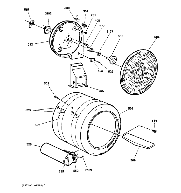 DRUM Diagram and Parts List for DPSB519GB0CC  General Electric Dryer