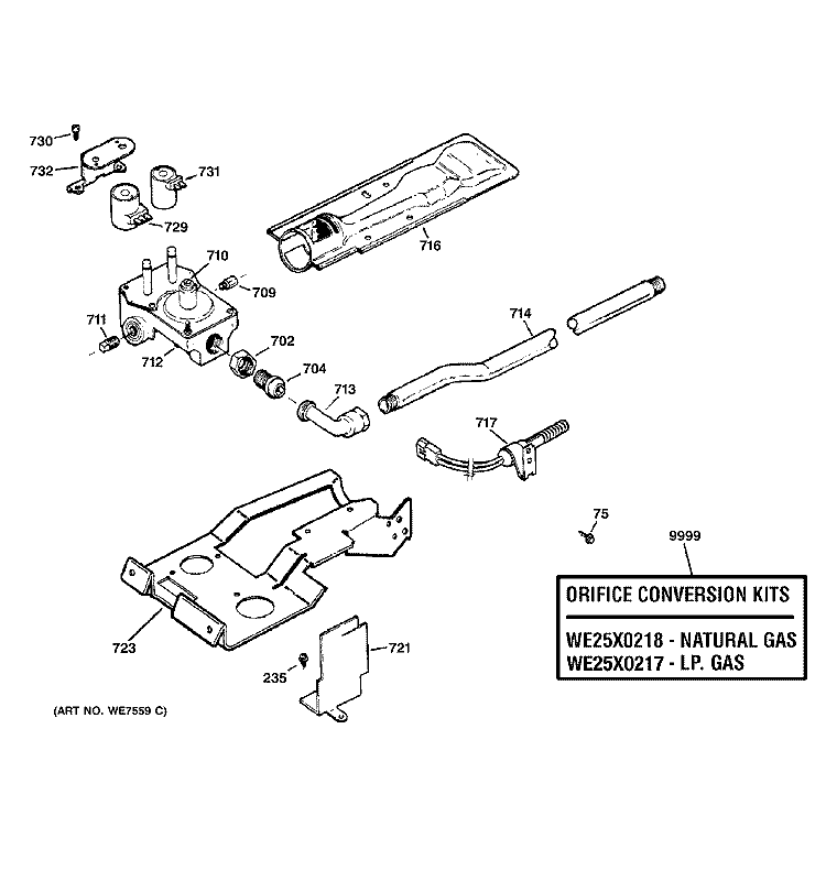 GAS VALVE & BURNER ASSEMBLY Diagram and Parts List for DPSB519GB0CC  General Electric Dryer
