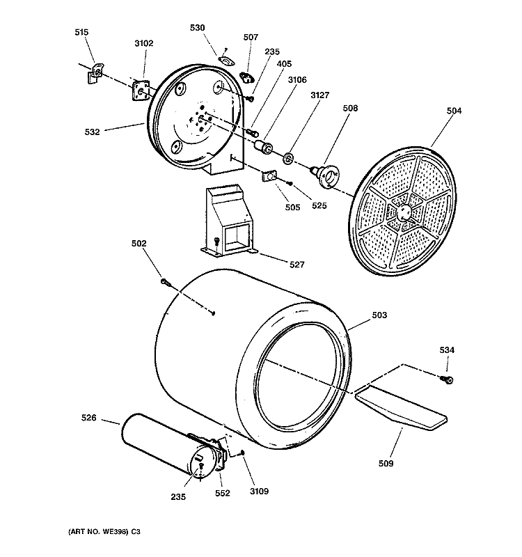 DRUM Diagram and Parts List for DPSB513GB0CC  General Electric Dryer