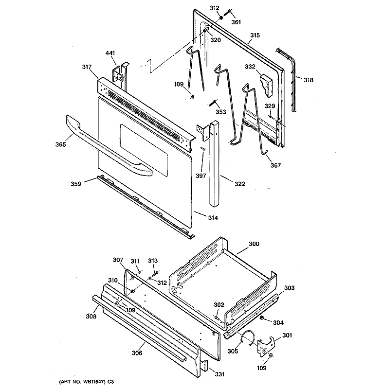 DOOR & DRAWER PARTS Diagram and Parts List for JGBS04BPA5WH  General Electric Range