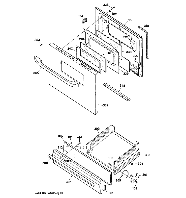 DOOR & DRAWER PARTS Diagram and Parts List for JGBS07PEA5WW  General Electric Range