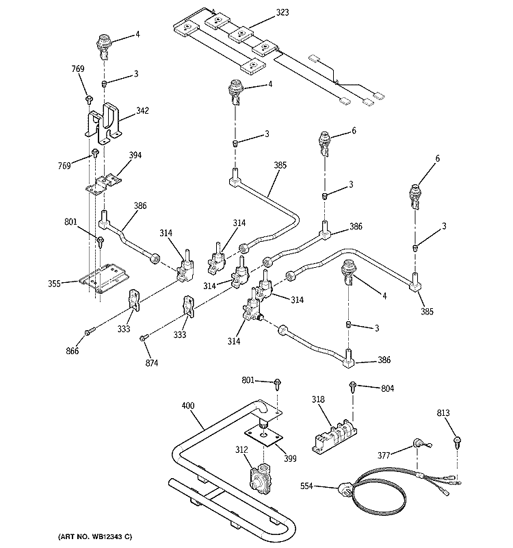 GAS & BURNER PARTS Diagram and Parts List for JGP960SED1SS  General Electric Cooktop