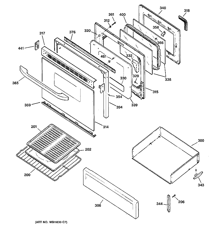 DOOR & DRAWER PARTS Diagram and Parts List for JGBP35WEA7WW  General Electric Range