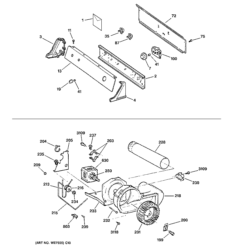 BACKSPLASH, BLOWER & DRIVE ASSEMBLY Diagram and Parts List for DHSR333GA0WB  General Electric Dryer
