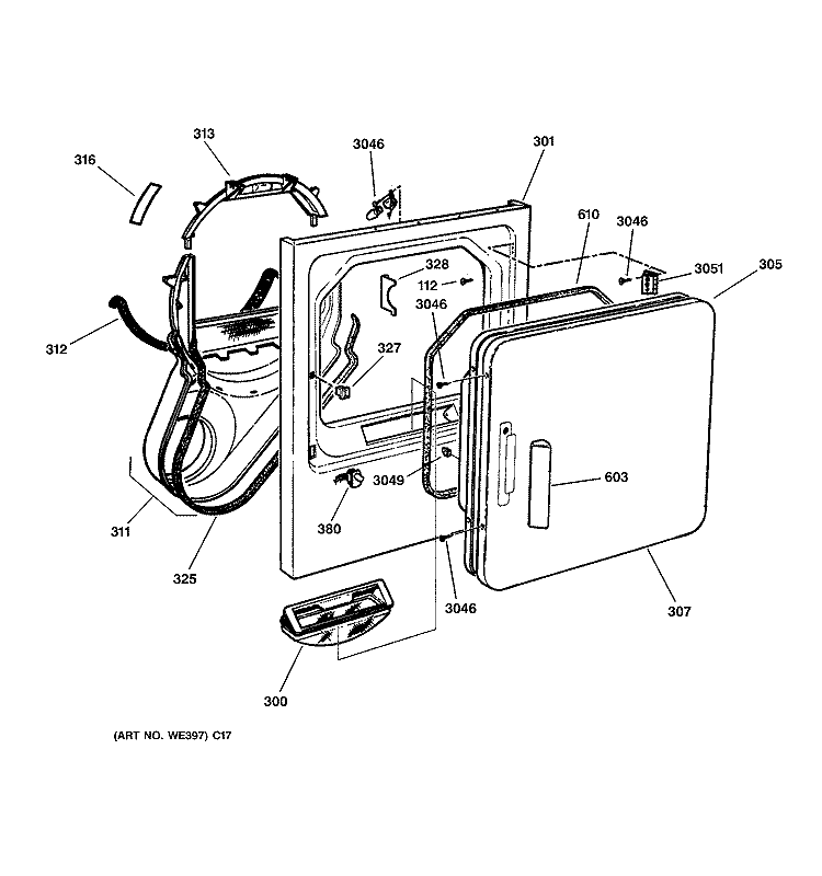 FRONT PANEL & DOOR Diagram and Parts List for DHSR333GA0WB  General Electric Dryer
