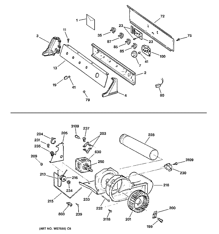 BACKSPLASH, BLOWER & DRIVE ASSEMBLY Diagram and Parts List for DPSR405EA1AA  General Electric Dryer