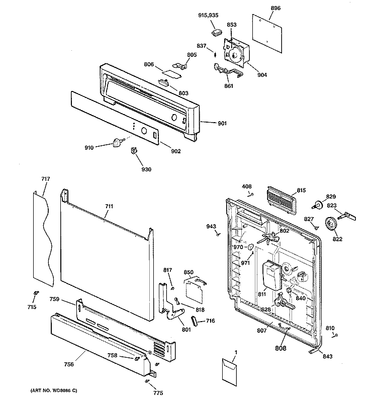ESCUTCHEON & DOOR ASSEMBLY Diagram and Parts List for GSD1000G00WW  General Electric Dishwasher