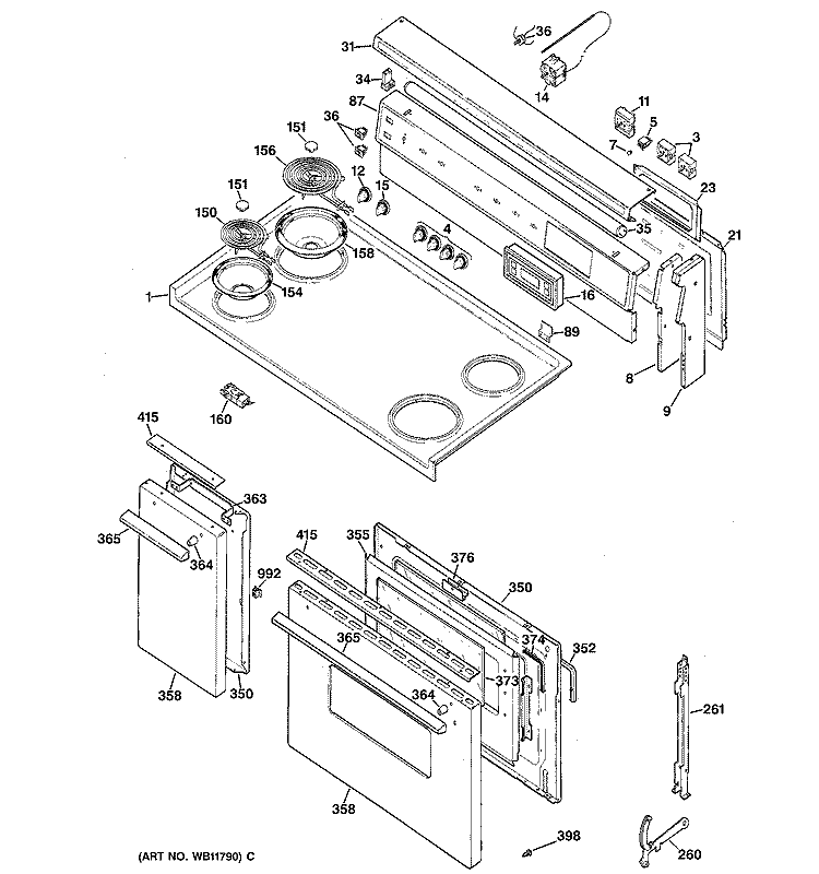 CONTROL PANEL, COOKTOP & DOORS Diagram and Parts List for JCS57Y1WW  General Electric Range