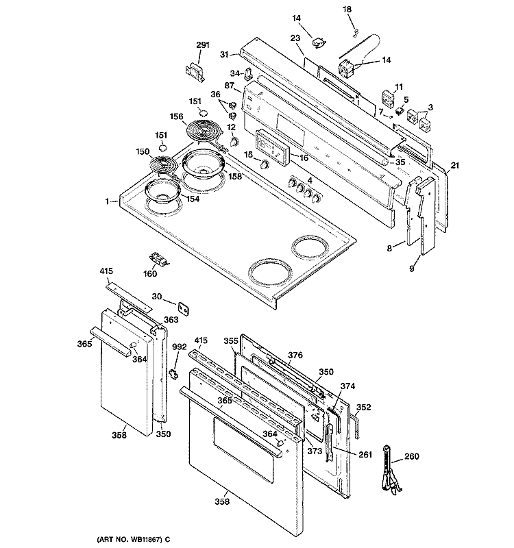 CONTROL PANEL, COOKTOP & DOORS Diagram and Parts List for JCS57Y5WW  General Electric Range