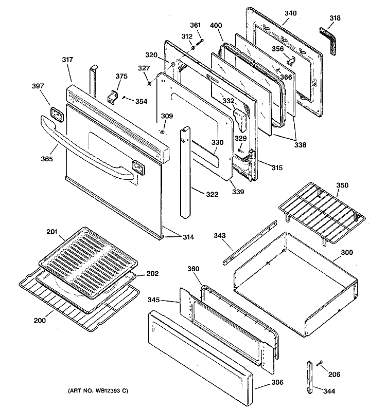 DOOR & DRAWER PARTS Diagram and Parts List for JGBP79MEB3BC  General Electric Range