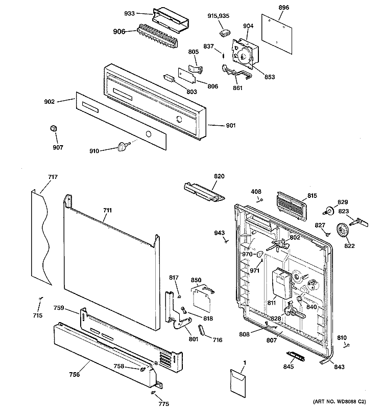 ESCUTHCEON & DOOR ASSEMBLY Diagram and Parts List for HDA3400G00WW  Hotpoint Dishwasher
