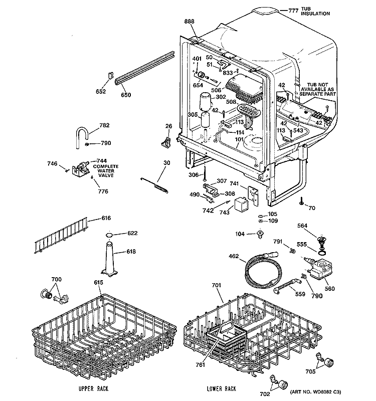 BODY PARTS Diagram and Parts List for HDA3400G00WW  Hotpoint Dishwasher