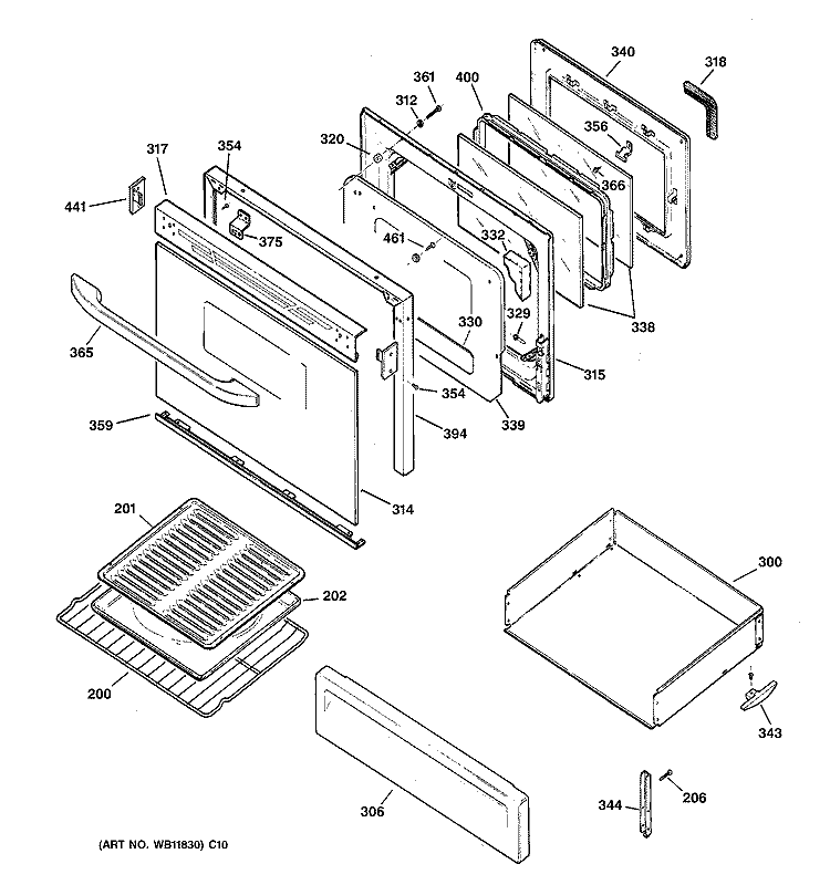 DOOR & DRAWER PARTS Diagram and Parts List for RGB845WEC4WW  Hotpoint Range