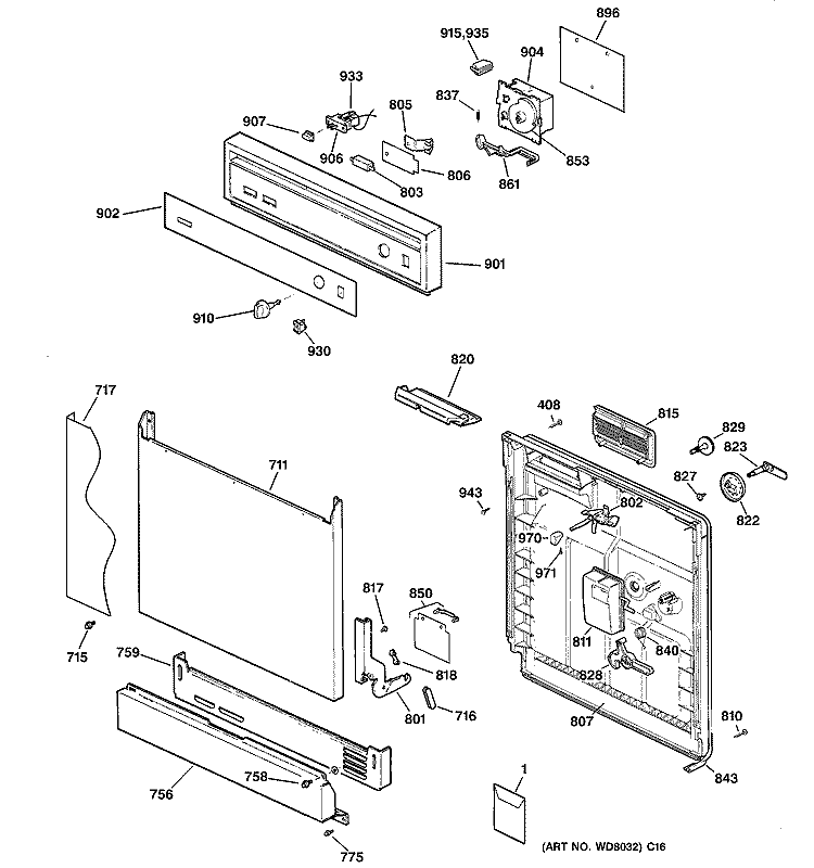 ESCUTCHEON & DOOR ASSEMBLY Diagram and Parts List for HDA2200F00BB  Hotpoint Dishwasher