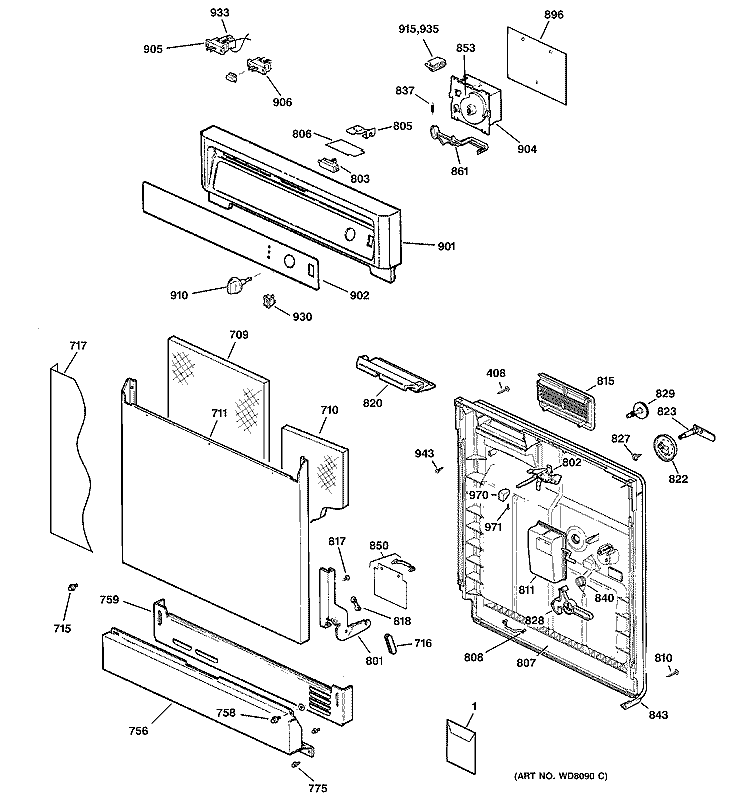 ESCUTCHEON & DOOR ASSEMBLY Diagram and Parts List for GSD2700G00BB  General Electric Dishwasher