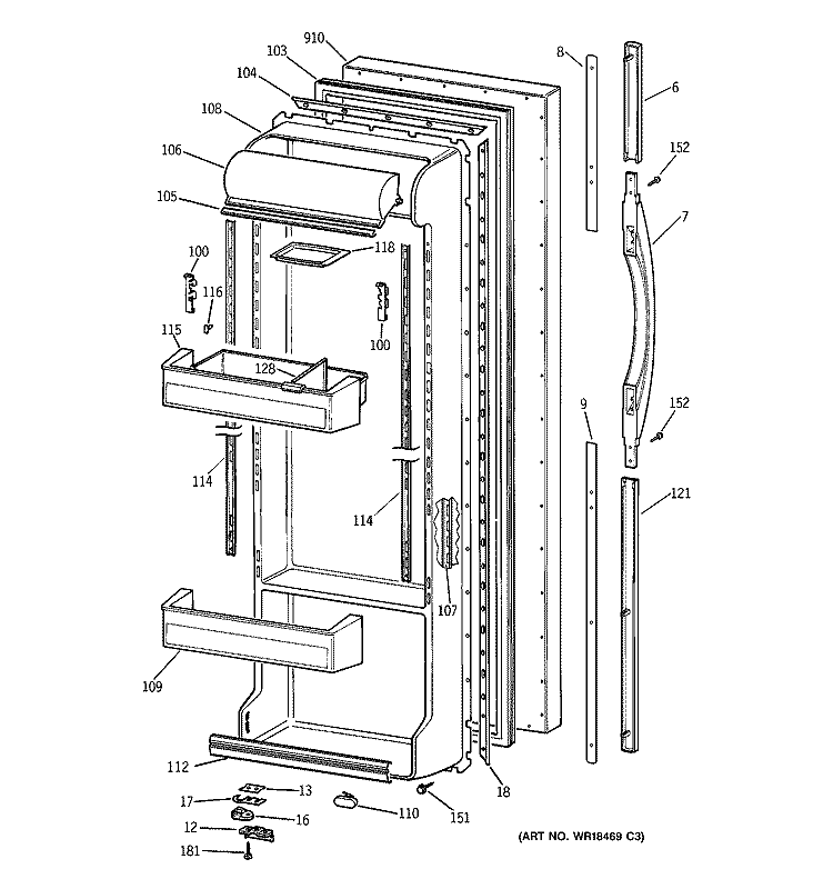 FRESH FOOD DOOR Diagram and Parts List for TFX25CRBGBB  General Electric Refrigerator