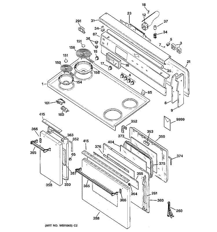 CONTROL PANEL, COOKTOP & DOORS Diagram and Parts List for JCP67Y4WW  General Electric Range